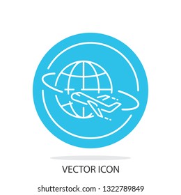 flying plane around the earth icon isolated on white background - editable stroke vector illustration eps10