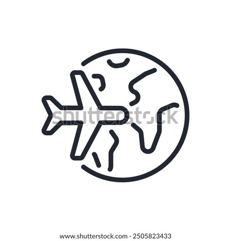 Flying plane around the globe editable stroke outline icon isolated on white background flat vector illustration. Pixel perfect. 64 x 64