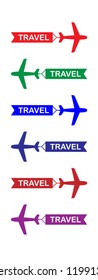 Flying plane with banner, icons set, colorful isolated on white background, vector illustration. Flying plane with ribbon