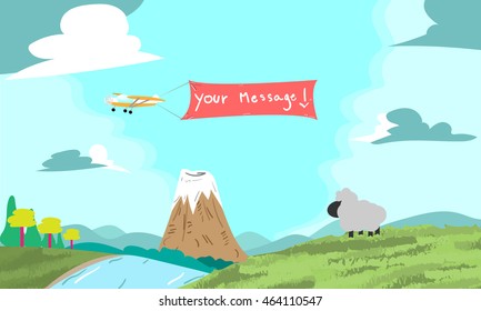 Flying plane with the banner, template for a text. Green Landscape with trees clouds mountains and sheep. Vector Illustration.