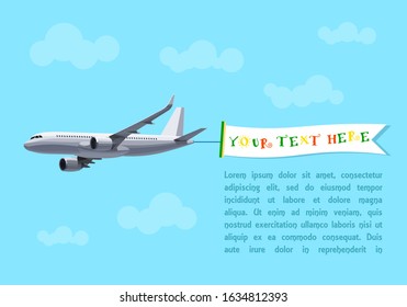 Flying Plane with Banner for Your Text, Advertising, Header. Flat Vector Design. Template Concept for a text web banners or Printable Cards, Postcards