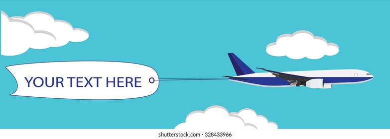 Flying plane with the banners, template for text, vector illustration. Sky with clouds