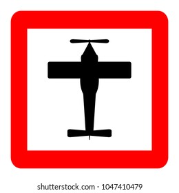 Flying plane, black on white background, red square sign, vector