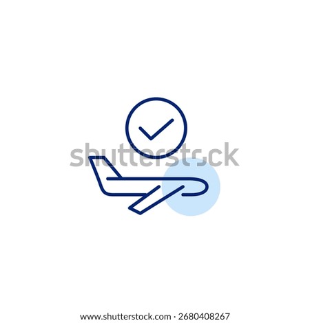 Flying plane and checkmark. Journey finished, arrival confirmed. Pixel perfect, editable stroke vector icon