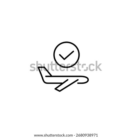 Flying plane and checkmark. Journey finished, arrival confirmed. Pixel perfect, editable stroke vector icon
