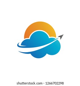 Flying Plane with Cloud and Sun as Background Logo Vector