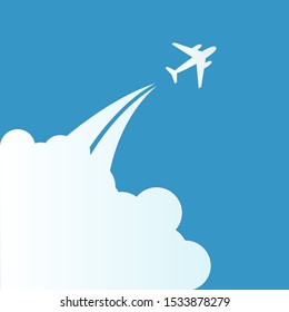 Flying plane from the clouds against the blue sky. Flat design, vector illustration, vector.