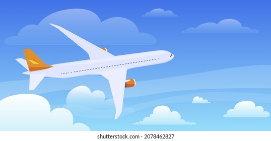 Flying plane at cloudy blue sky vector flat illustration. Passenger airplane flight carrying people or cargo transportation. Touristic departure and arriving technology vehicle aviation travel