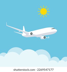 Flying plane in the cloudy sky. Airplane illustration in trendy flat style isolated on blue background. International transportation.