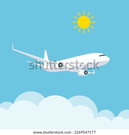 Flying plane in the cloudy sky. Airplane illustration in trendy flat style isolated on blue background. International transportation.