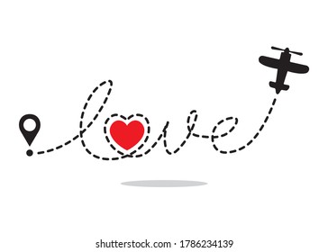 Flying Plane With a Dotted Love Text Route, Vector Design