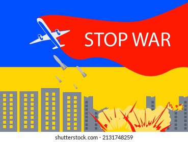 A flying plane drops bombs on civilian buildings. Explosions and destroyed houses. Stop the war. Vector illustration