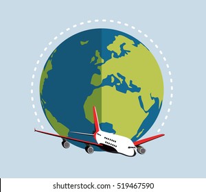 Flying plane and earth. Concept for traveling by plane, international flights. Flat vector illustration.