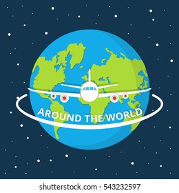 Flying plane and earth. Concept for traveling by plane, international flights. Flat vector illustration.