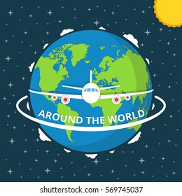 Flying plane and earth. Concept for traveling by plane, international flights. Flat vector illustration.