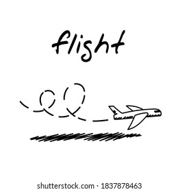 Flying plane handdrawn icon. Cute cartoon vector illustration of a plane flying in the sky along a given route. Outlined sketch of a concept of a travelling by plane, flight to another location