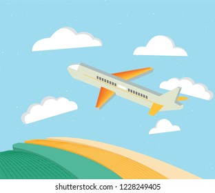 Flying plane  illustration, flat style. The plane in the blue sky flying through the clouds. Passenger plane in the blue background side view