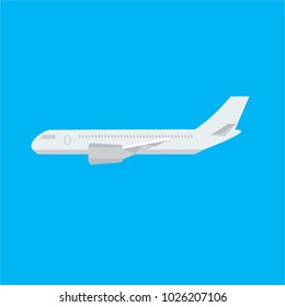 Flying plane, jet plane, airliner. Side view of a detailed passenger airplane, vector illustration, White cloud. To tell. Thoughts. Simple flat style