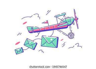Flying plane with letters vector illustration. Airplane deliver post on air flat style. Aviation transport and postal service concept. Isolated on white background