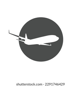 Flying plane logo. Airplane black icon. Vector illustration. International transportation. Travel template.