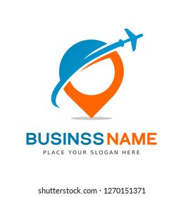Flying plane logo template. Travel vector design. Airplane and vacation in the resort illustration. This logo is suitable for journey, paradise, transportation.