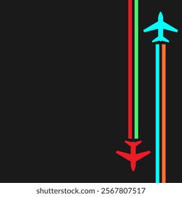 Flying plane with long colorful trail. Airplanes leave a long colored trail when they fly. 