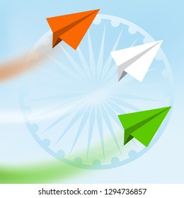 Flying plane in national tricolor with Ashoka Wheel on blue background for Indian Republic Day celebration. 