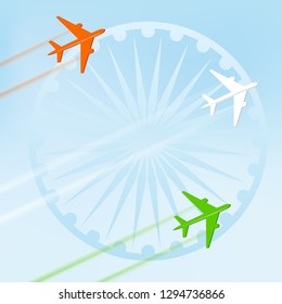 Flying plane in national tricolor with Ashoka Wheel on blue background for Indian Republic Day celebration. 