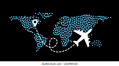 Flying plane on the background of the world map with a path from the departure point. Vector