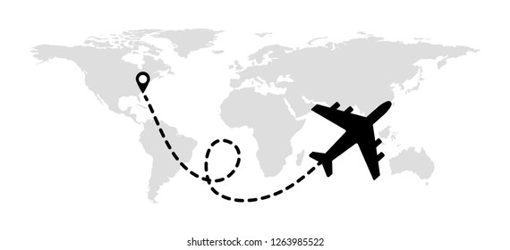 Flying plane on the background of the world map with a path from the departure point. Vector