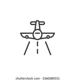 Flying plane outline icon. linear style sign for mobile concept and web design. Aircraft and landing strip line vector icon. Plane landing symbol, logo illustration. Pixel perfect vector graphics