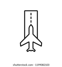 Flying plane outline icon. linear style sign for mobile concept and web design. Aircraft and landing strip line vector icon. Plane landing symbol, logo illustration. Pixel perfect vector graphics