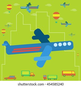 flying plane over the city with  car, bus, airplane, truck and balloon vector drawing illustration,  in flat style,  for travel business design 