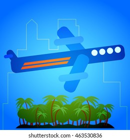 flying plane over the city, palm tree and tropical island vector flat design illustration