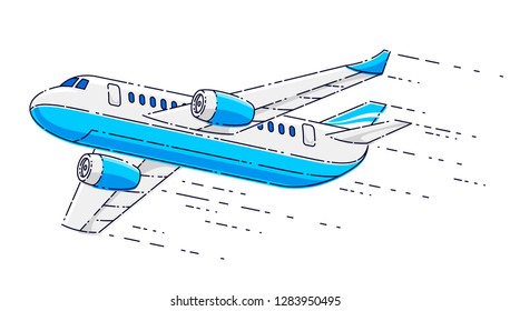 Flying plane passenger airliner isolated over white background, beautiful thin line 3d vector illustration.