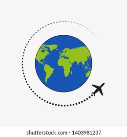 Flying Plane. The path Plane. Flying around the world. Flat vector illustration.