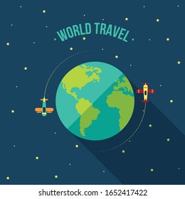 Flying Plane. The path Plane. Flying around the world. Flat vector illustration.