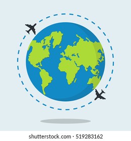 Flying Plane. The path Plane. Flying around the world. Flat vector illustration.