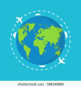 Avión volador. La ruta Plano. Volando por todo el mundo. Ilustración vectorial plana.
