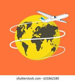 Flying Plane. The path Plane. Flying around the world. Flat vector illustration.