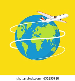 Flying Plane. The path Plane. Flying around the world. Flat vector illustration.