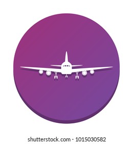 Flying Plane sign. Front view. Vector. White icon with flat shadow on purpureus circle at white background. Isolated.