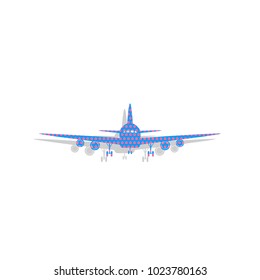 Flying Plane sign. Front view. Vector. Neon blue icon with cyclamen polka dots pattern with light gray shadow on white background. Isolated.