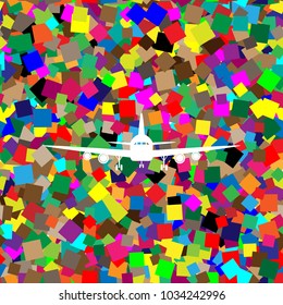 Flying Plane sign. Front view. Vector. White icon on colorful background with seamless pattern from squares.