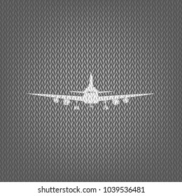 Flying Plane sign. Front view. Vector. White knitted icon on gray knitted background. Isolated.