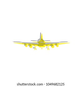 Flying Plane sign. Front view. Vector. Yellow icon with square pattern duplicate at white background. Isolated.