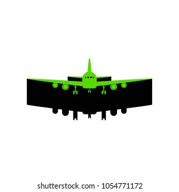 Flying Plane sign. Front view. Vector. Green 3d icon with black side on white background. Isolated.