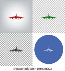 Flying Plane sign. Front view. Vector. 4 styles. Red gradient in radial lighted background, green flat and gray scribble icons on transparent and linear one in blue circle.