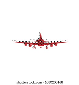 Flying Plane sign. Front view. Vector. Brown icon with shifted black circle pattern as duplicate at white background. Isolated.