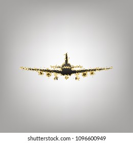 Flying Plane sign. Front view. Vector. Blackish icon with golden stars at grayish background.